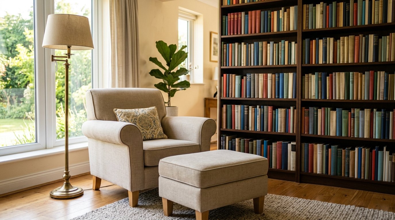 Heller Polstersessel mit Hocker vor einem Bücherregal