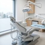 Behandlungsstuhl und Instrumente in einer hellen Zahnarztpraxis