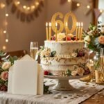 Lustige Sprüche zum 60. Geburtstag einer Frau: Geburtstagstorte mit Kerzen und Karte