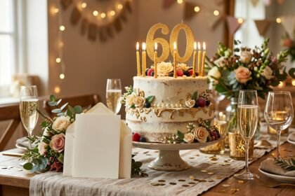 Lustige Sprüche zum 60. Geburtstag einer Frau: Geburtstagstorte mit Kerzen und Karte