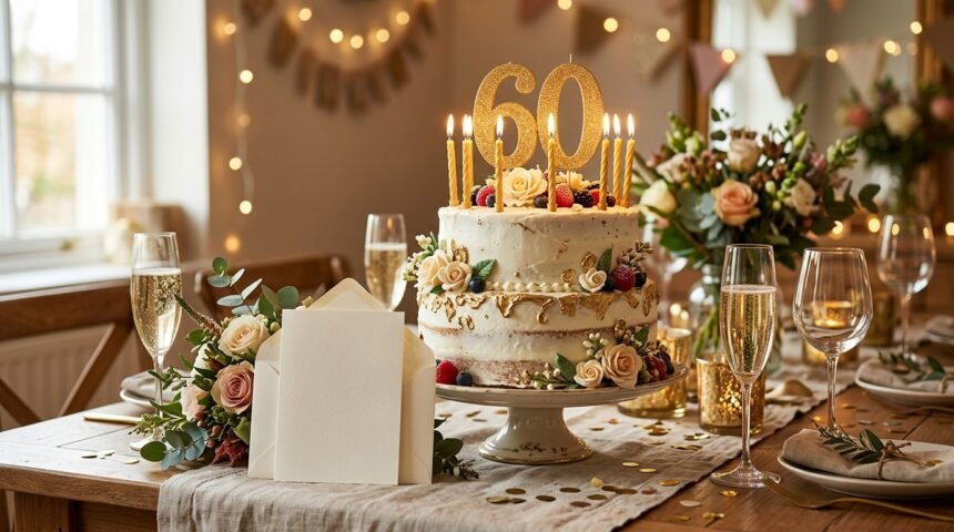 Lustige Sprüche zum 60. Geburtstag einer Frau: Geburtstagstorte mit Kerzen und Karte