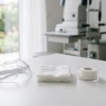 Verbandsmaterial und Augenschutz auf einem Tisch in einer Augenarztpraxis