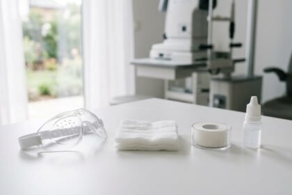 Verbandsmaterial und Augenschutz auf einem Tisch in einer Augenarztpraxis