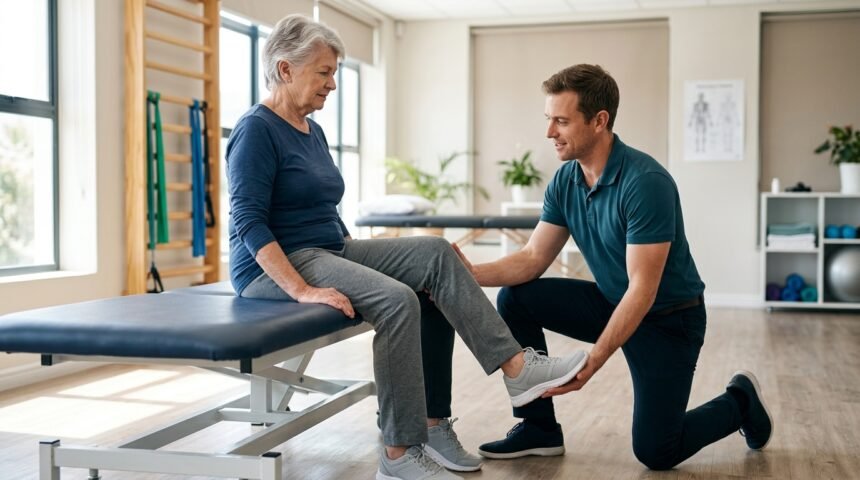 Physiotherapeutin übt mit einer Patientin die Beugung des Knies