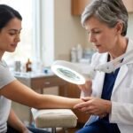 Dermatologin untersucht den Arm einer Patientin mit einer Lupenleuchte