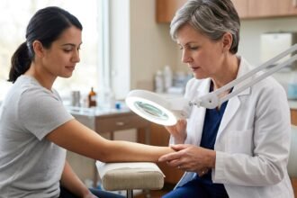 Dermatologin untersucht den Arm einer Patientin mit einer Lupenleuchte