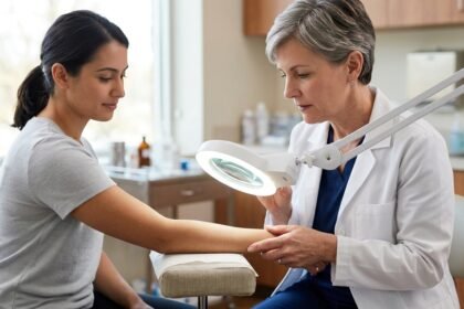 Dermatologin untersucht den Arm einer Patientin mit einer Lupenleuchte