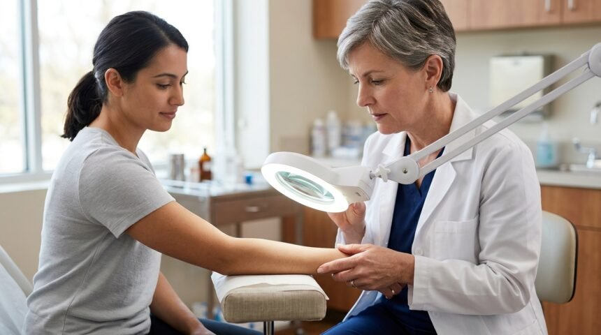 Dermatologin untersucht den Arm einer Patientin mit einer Lupenleuchte