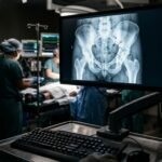 Röntgenbild eines Beckens auf einem Monitor in der Unfallchirurgie