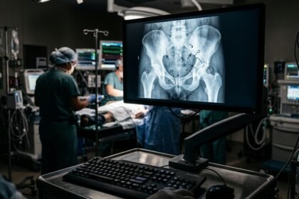 Röntgenbild eines Beckens auf einem Monitor in der Unfallchirurgie