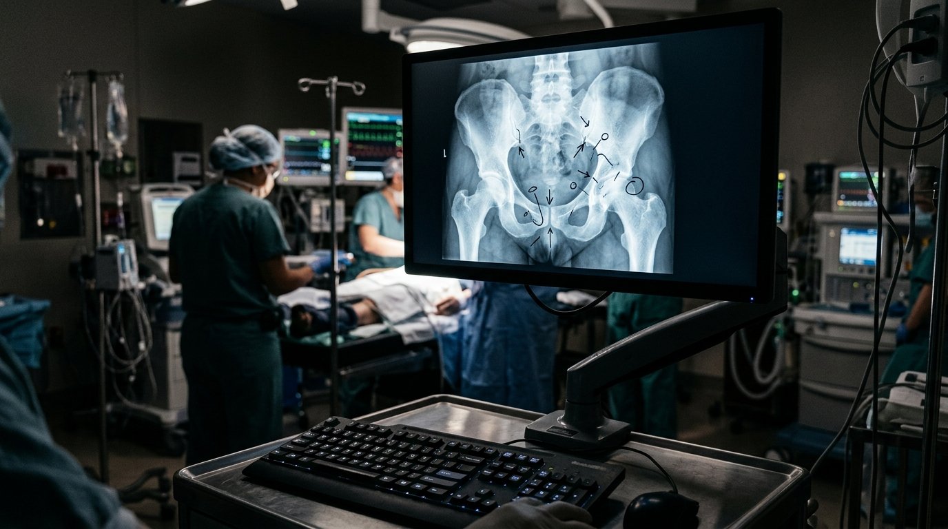 Röntgenbild eines Beckens auf einem Monitor in der Unfallchirurgie
