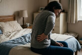 Frau sitzt auf der Bettkante und hält sich die schmerzende Flanke