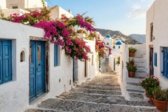 Guten Tag auf Griechisch: Blick auf eine griechische Gasse mit weißen Häusern am Morgen