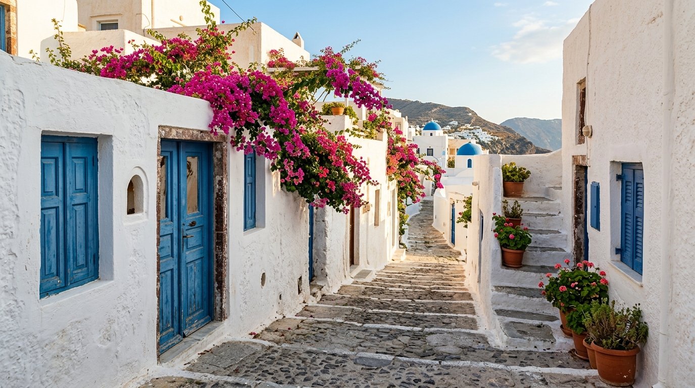 Guten Tag auf Griechisch: Blick auf eine griechische Gasse mit weißen Häusern am Morgen