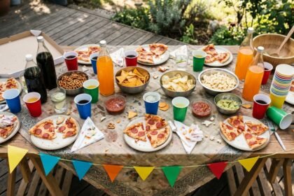 Geburtstag für 13-jährige Jungen: Tisch mit Pizza, Getränken und Partydeko