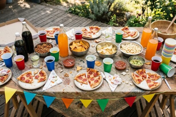 Geburtstag für 13-jährige Jungen: Tisch mit Pizza, Getränken und Partydeko