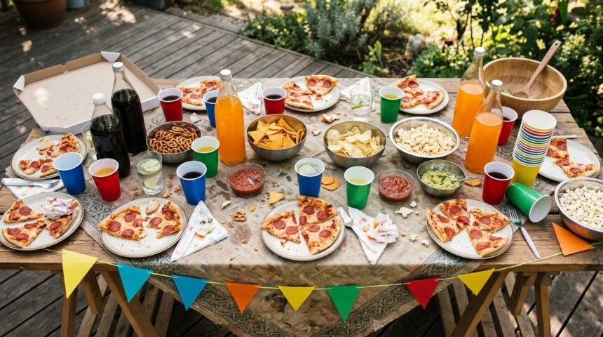 Geburtstag für 13-jährige Jungen: Tisch mit Pizza, Getränken und Partydeko