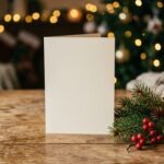 Wann sagt man frohe Weihnachten: Weihnachtskarte mit Tannenzweig und Kerze auf einem Tisch