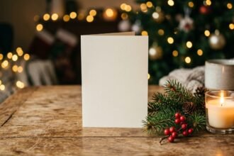 Wann sagt man frohe Weihnachten: Weihnachtskarte mit Tannenzweig und Kerze auf einem Tisch