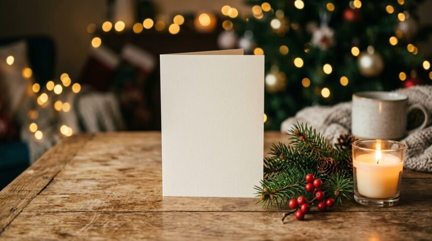 Wann sagt man frohe Weihnachten: Weihnachtskarte mit Tannenzweig und Kerze auf einem Tisch