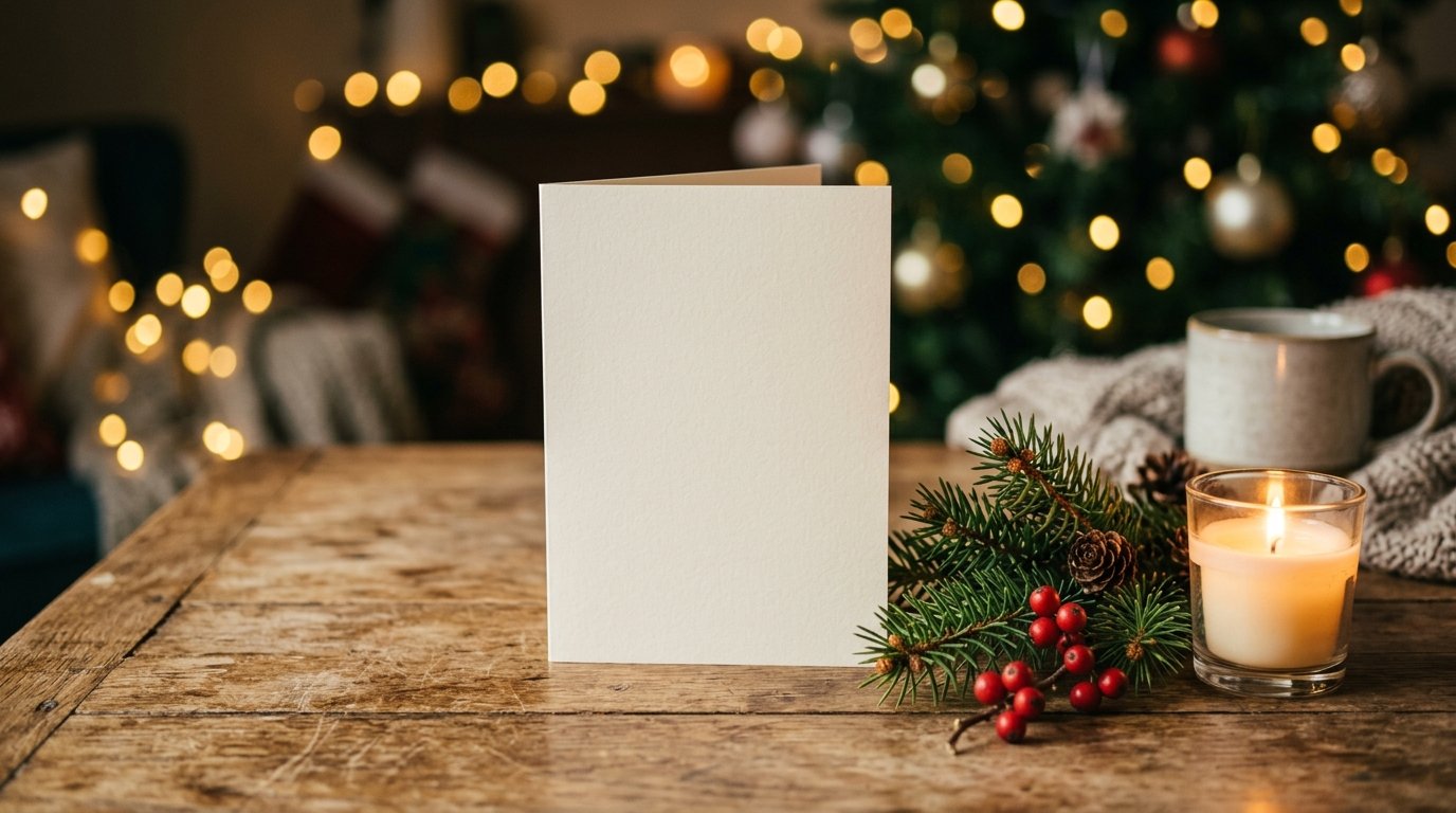 Wann sagt man frohe Weihnachten: Weihnachtskarte mit Tannenzweig und Kerze auf einem Tisch