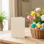Wann wünscht man frohe Ostern: Osterkarte mit bemalten Eiern und Frühlingsblumen