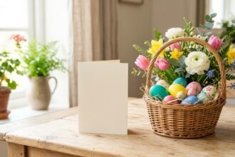 Wann wünscht man frohe Ostern: Osterkarte mit bemalten Eiern und Frühlingsblumen