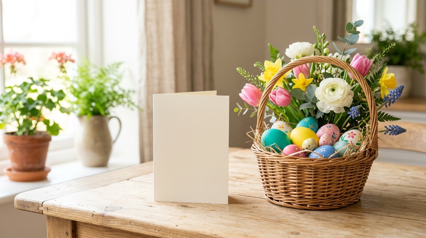 Wann wünscht man frohe Ostern: Osterkarte mit bemalten Eiern und Frühlingsblumen