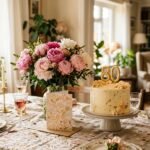 Glückwünsche zum 80. Geburtstag: festlich gedeckter Tisch mit Karte und Blumen