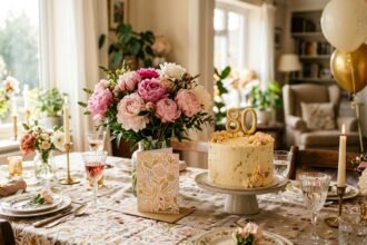Glückwünsche zum 80. Geburtstag: festlich gedeckter Tisch mit Karte und Blumen