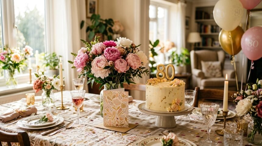 Glückwünsche zum 80. Geburtstag: festlich gedeckter Tisch mit Karte und Blumen