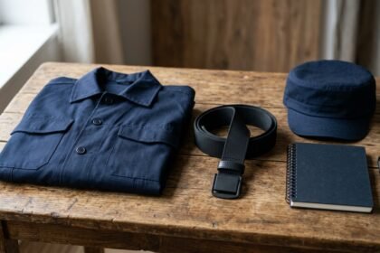 Wie viel verdient ein Polizist: Polizeiuniform mit Dienstausrüstung auf einem Tisch
