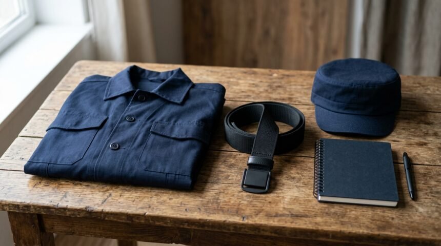 Wie viel verdient ein Polizist: Polizeiuniform mit Dienstausrüstung auf einem Tisch
