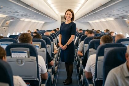 Wie viel verdient man als Flugbegleiter: Flugbegleiterin in der Kabine eines Flugzeugs