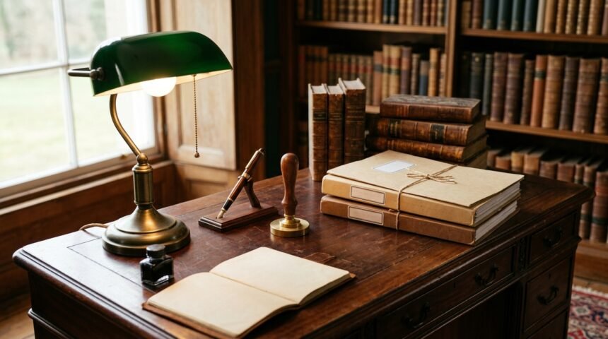 Wie wird man Notar: Schreibtisch mit Urkunde, Siegel und Füller