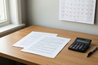 Wie viele Nebenjobs darf man haben: Arbeitsvertrag mit Taschenrechner und Kalender auf einem Tisch
