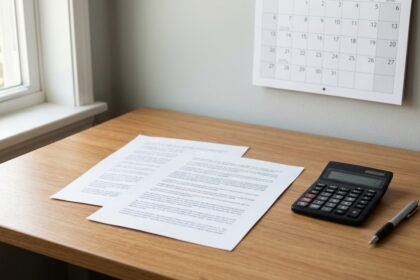 Wie viele Nebenjobs darf man haben: Arbeitsvertrag mit Taschenrechner und Kalender auf einem Tisch