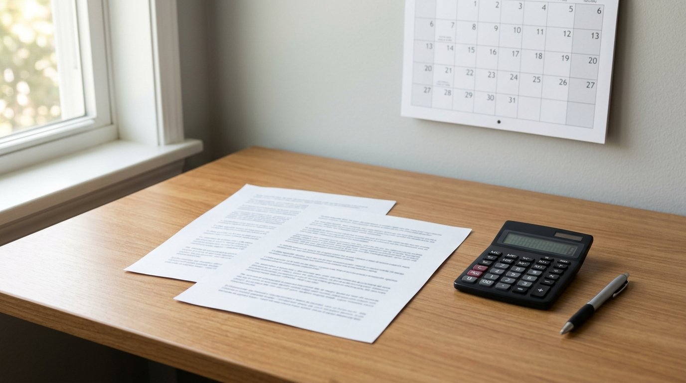 Wie viele Nebenjobs darf man haben: Arbeitsvertrag mit Taschenrechner und Kalender auf einem Tisch