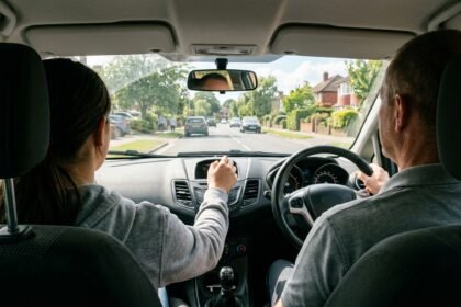 Wie lange dauert ein Führerschein: Fahrschulauto mit Fahrlehrer bei einer Fahrstunde