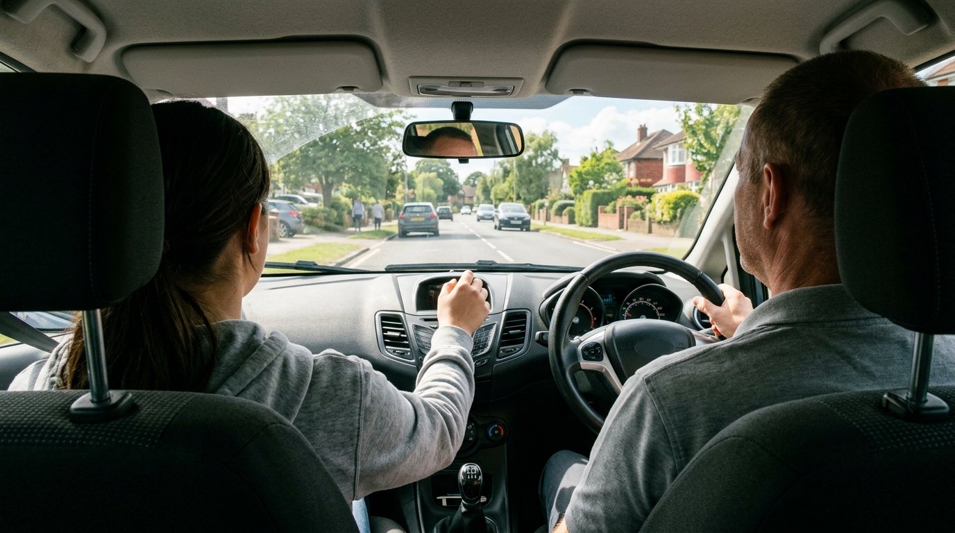 Wie lange dauert ein Führerschein: Fahrschulauto mit Fahrlehrer bei einer Fahrstunde