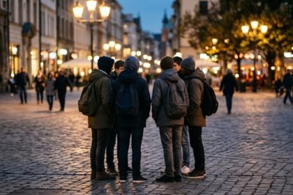 Wie lange dürfen 15-Jährige draußen bleiben: Gruppe Jugendlicher am Abend in der Stadt