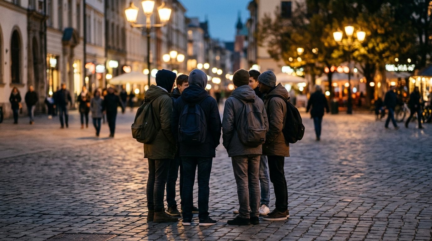 Wie lange dürfen 15-Jährige draußen bleiben: Gruppe Jugendlicher am Abend in der Stadt