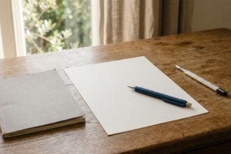 Entschuldigung für die Schule schreiben: Vorlage auf einem Tisch neben Stift und Schulheft