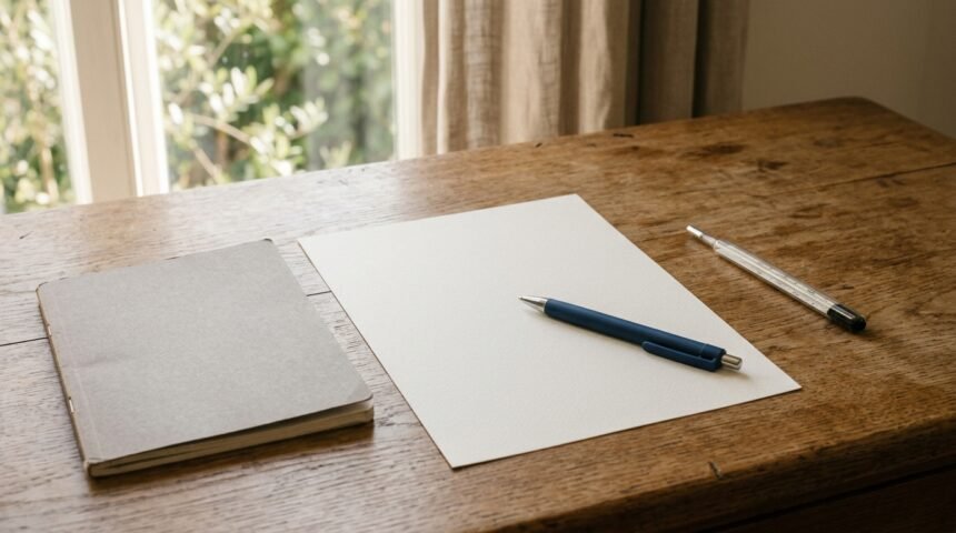 Entschuldigung für die Schule schreiben: Vorlage auf einem Tisch neben Stift und Schulheft