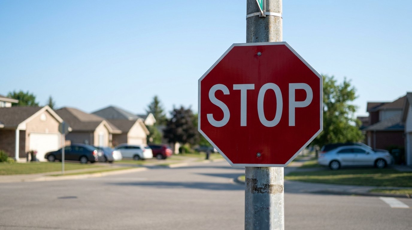 Wie viele Ecken hat ein Stoppschild: rotes achteckiges Stoppschild an einer Kreuzung