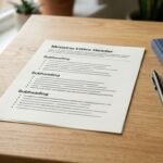 Wie macht man ein Handout: Handout auf einem Tisch neben Notizen und Stift