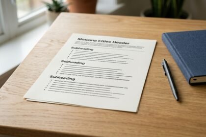 Wie macht man ein Handout: Handout auf einem Tisch neben Notizen und Stift