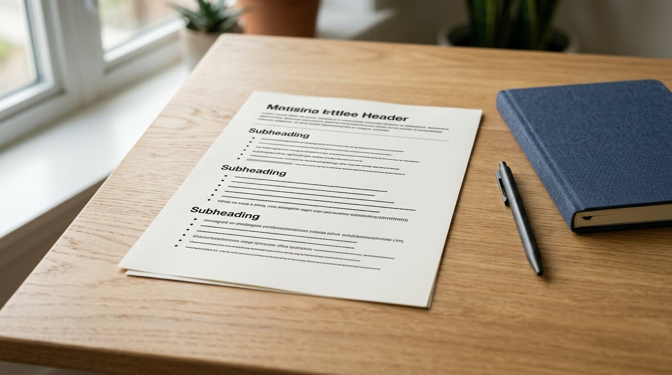 Wie macht man ein Handout: Handout auf einem Tisch neben Notizen und Stift
