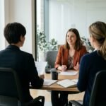 Bewerbungsgespräch: Bewerberin und zwei Personen im Gespräch am Besprechungstisch