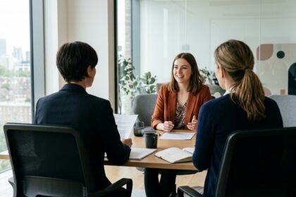 Bewerbungsgespräch: Bewerberin und zwei Personen im Gespräch am Besprechungstisch